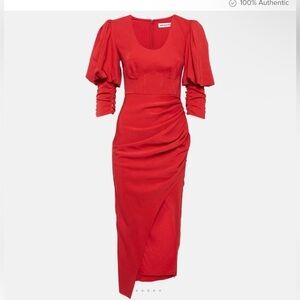 Self-Portrait Red Stretch Crepe Ruched Midi Dress puff sleeve sz 6